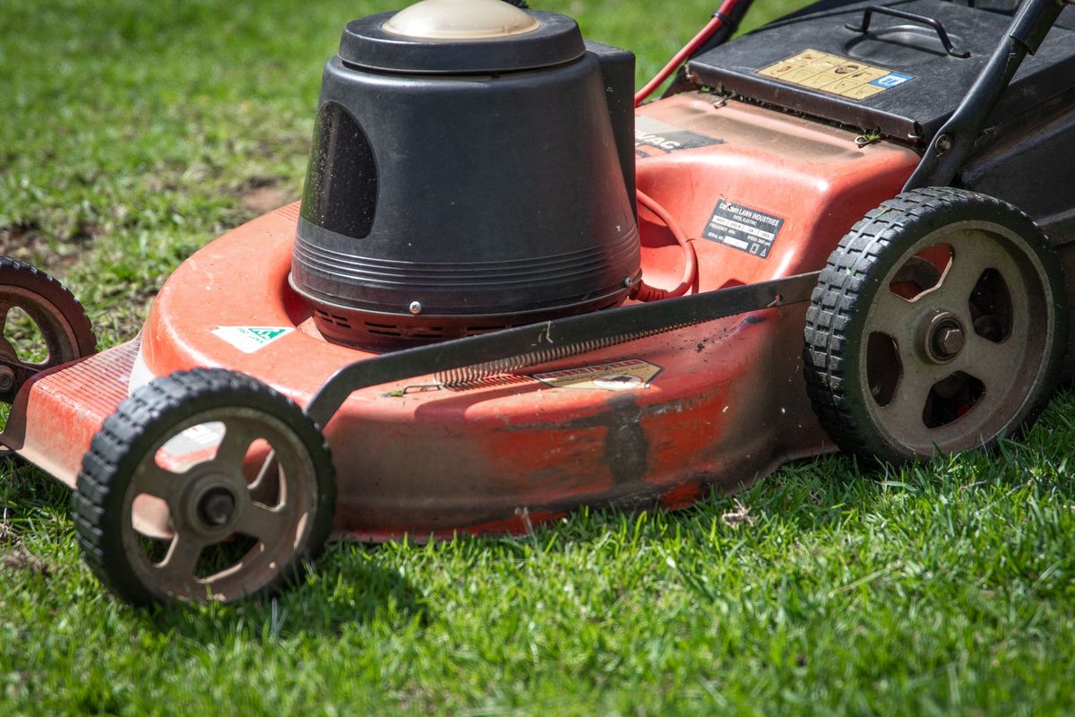 Mower cutting green turf